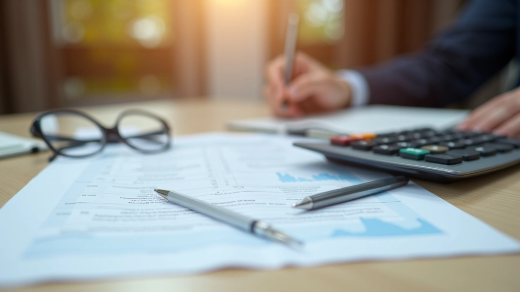 Taschenrechner neben Rentendokumenten und Stift auf Schreibtisch, Nahaufnahme mit unscharfem Hintergrund