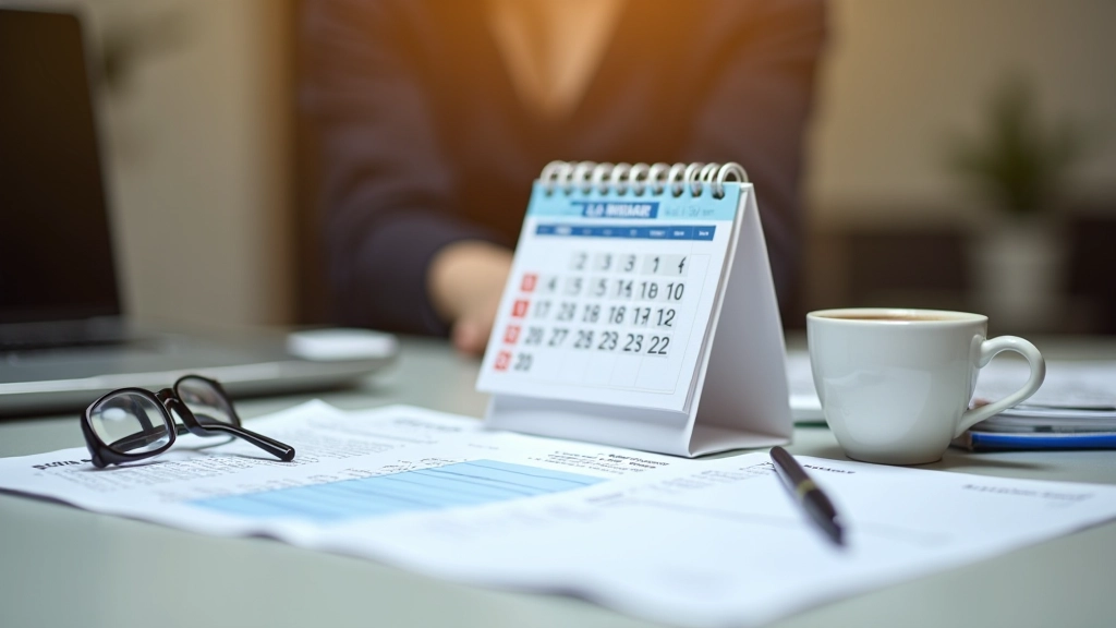 Kalender auf dem Schreibtisch, Steuererklärung, Stift und Brille