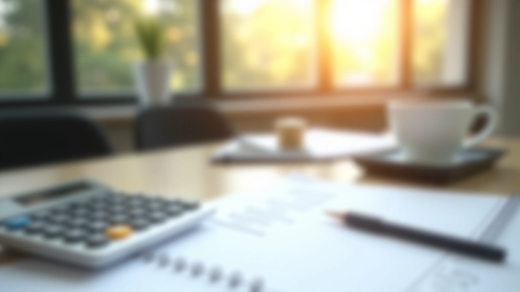 Schreibtisch mit Taschenrechner, Finanzunterlagen und Kaffee