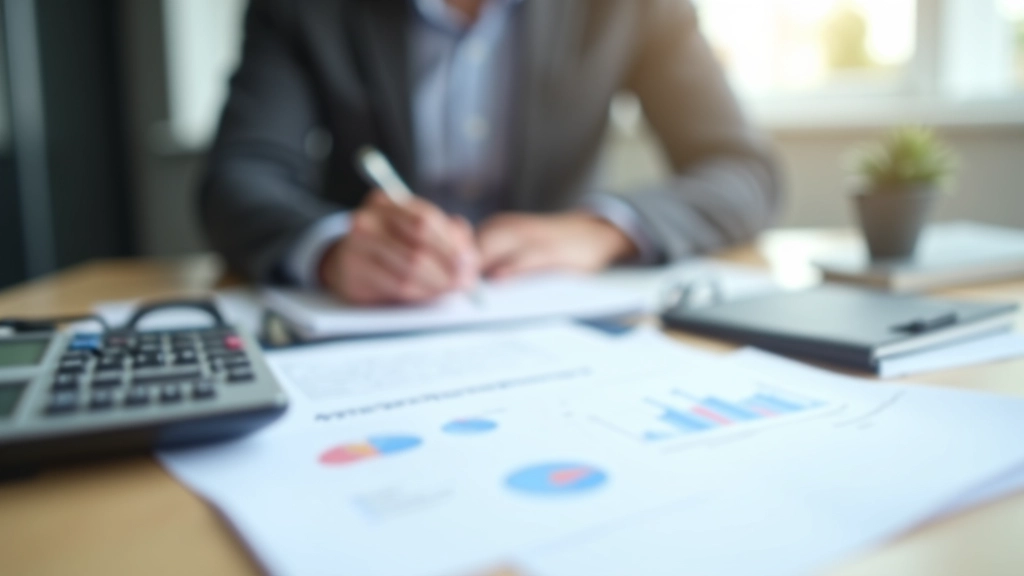 Schreibtisch mit Dokumenten, Taschenrechner und Brille, Finanzplanung Konzept