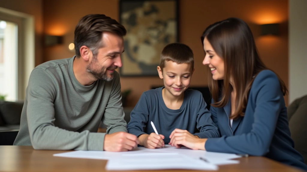 Familie sitzt zusammen am Tisch und bespricht Finanzplanung, warmes Wohnzimmer mit Tageslicht