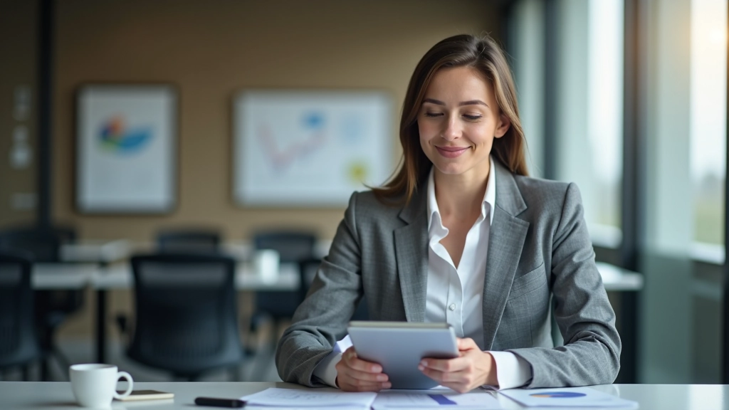 Finanzberaterin in modernem Büro erklärt Rentenplan an Tablet, professionelle Arbeitsumgebung