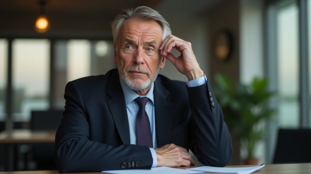 Älterer Geschäftsmann im Alter von 55 Jahren, vollständig in dunklem Anzug gekleidet, sitzt in modernem Büro am Schreibtisch mit Rentenversicherungsdokumenten, nachdenklicher Blick