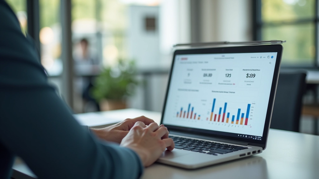 Person schaut auf Laptop-Bildschirm mit Finanzdiagrammen und Analysen