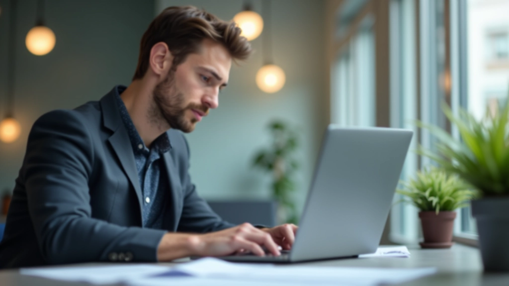 Selbstständiger am Schreibtisch mit Laptop und Finanzunterlagen zur Rentenplanung