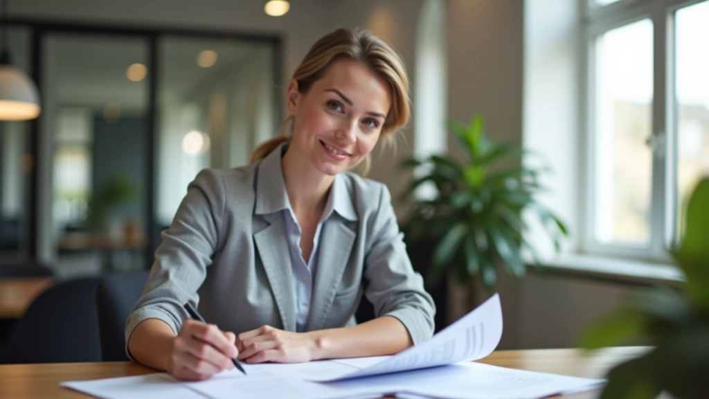 Selbstständige sitzt am Schreibtisch mit Finanzunterlagen, arbeitet an Altersvorsorge, modernes Büro mit Tageslicht