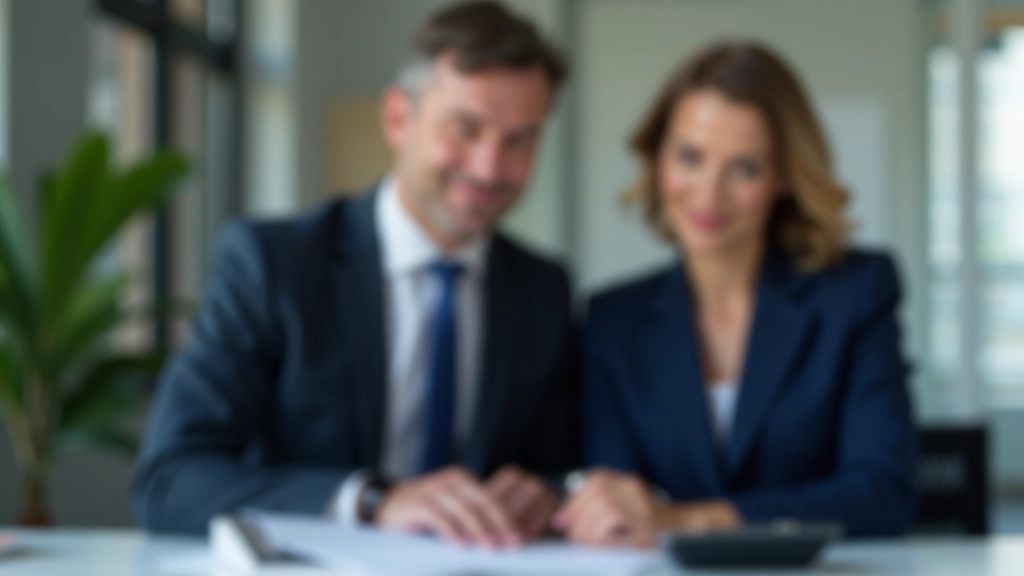 Selbstständige Frau im Alter von 45 Jahren, vollständig in dunkelblauem Kostüm, sitzt an modernem Schreibtisch mit aufgeschlagenen Finanzunterlagen und Taschenrechner, konzentrierter, positiver Ausdruck