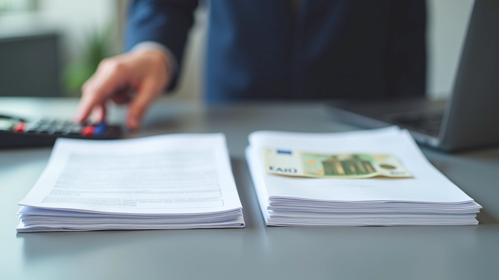 Zwei Stapel von Dokumenten und Geldscheinen nebeneinander auf grauem Schreibtisch, Vergleichsszene, Taschenrechner daneben, professionelle Beleuchtung