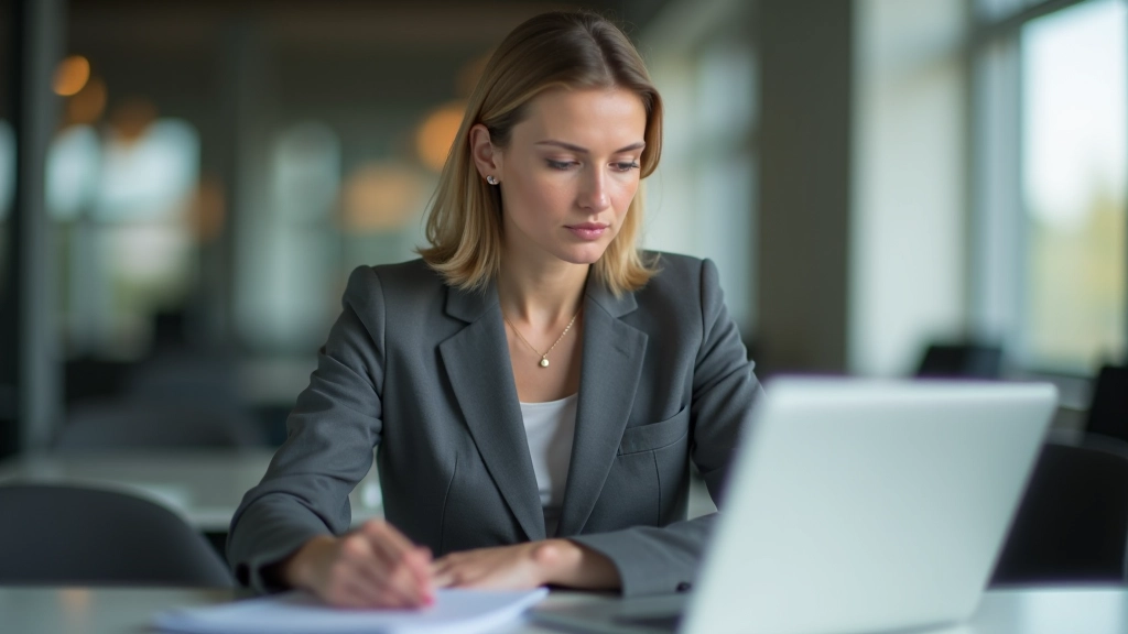Geschäftsfrau im Alter von 40 Jahren, vollständig in grauem Blazer gekleidet, sitzt an modernem Schreibtisch mit Laptop und Dokumenten, konzentrierter Blick auf Finanzunterlagen